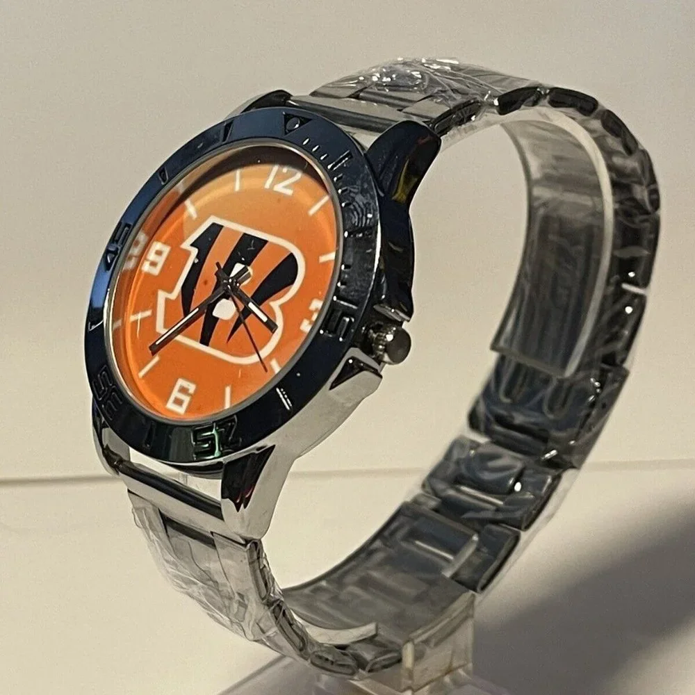 CINCINNATI BENGALS NFL Team Logo Men's Stainless-Steel Silver Analog Watch NEW